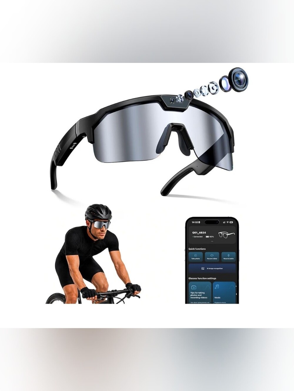 Smart Sports Sunglasses with Camera - Black